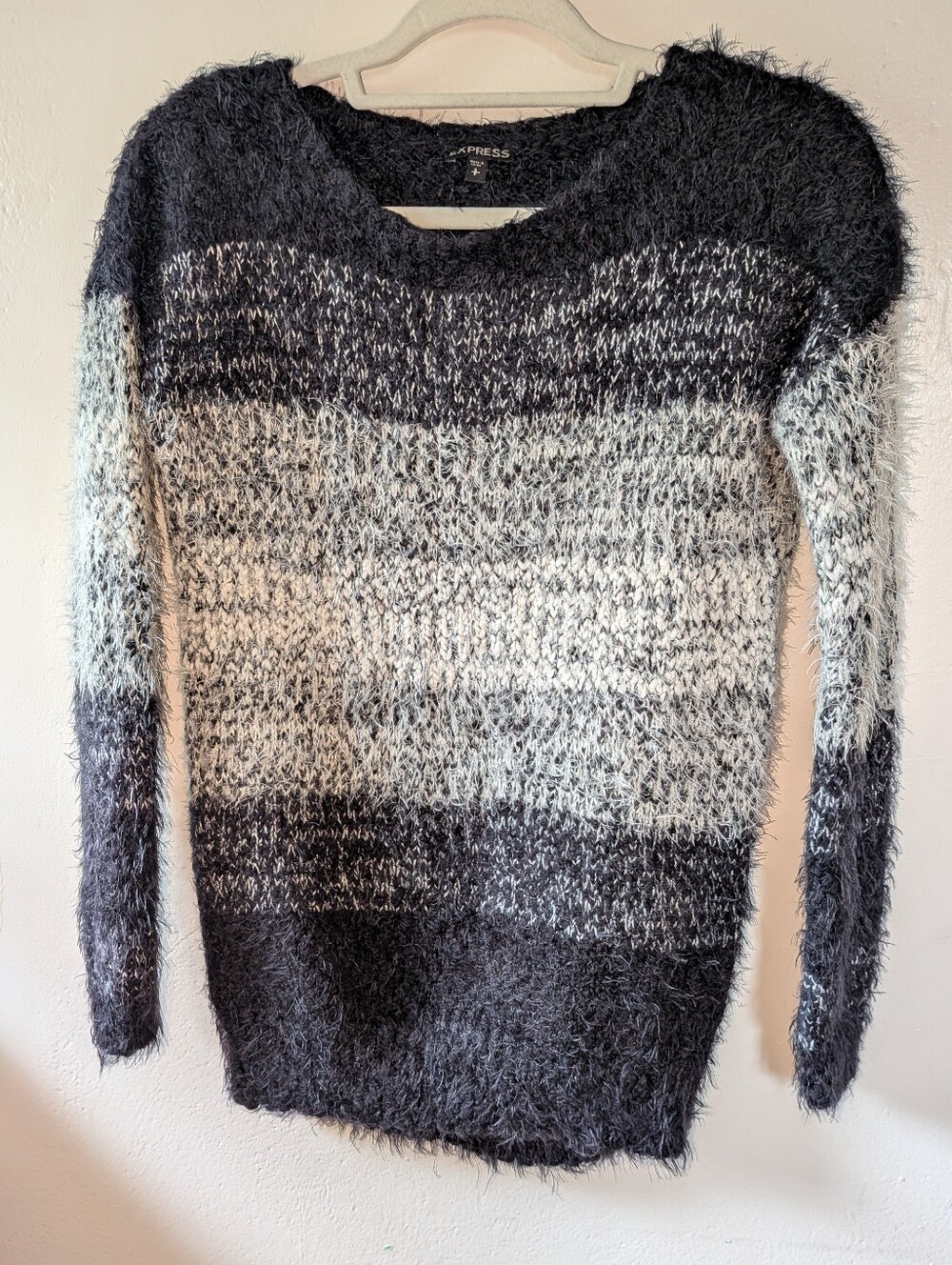 Express Women's Fuzzy Ombre Crewneck Sweater in Black and Gray